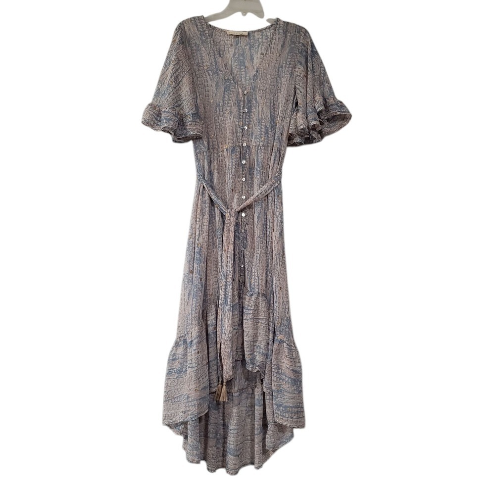 Lovestitch Maxi Dress Women Blue Pink L Ruffled V Neck Gold Tone Accent Lace
